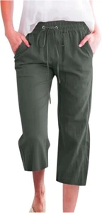 Women Army Green Casual Drawstring Linen Wide Leg Lounge Capri Pants Size Large - Picture 1 of 4