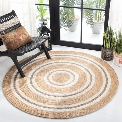 Natural Jute Braided Round Rug Handwoven Eco-Friendly Area Carpet Living Room - Image 1 of 4