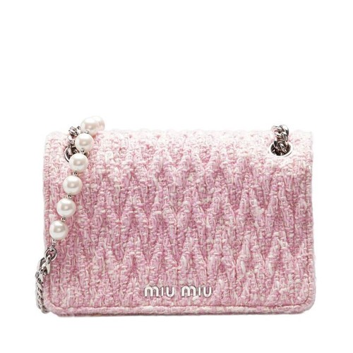 Borsa a tracolla Miu Miu rosa tessuto tweed matelasse perla argento catena mini donna