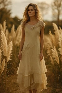 Tiar Los Angeles Silk Organza Sheer Linen Romantic Fairy Ethereal Tan Dress XS - Picture 1 of 14