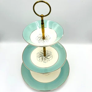 Vintage 1950er Homer Laughlin Mid Century Modern 3-stufiges Desserttablett türkis blau Blumen - Bild 1 von 16