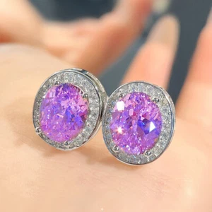New High Carbon Ice Flower Cut Purple Amethyst Gems Charm Women Stud Earrings - Picture 1 of 6