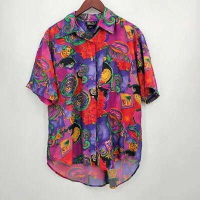 Camisa Psicodélica Vintage Silbatos 100% Seda Talla Mediana Años 90 Dopamina Aderezo Foto 1 de 4
