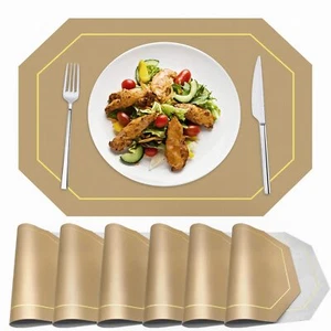 Reversible Placemats Grey and Beige Leather Heat Resistant Table Mats 6 Pack - Picture 1 of 8