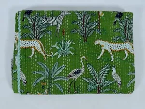 Jungle Print Cotton Green Kantha Quilt Boho Coverlet Twin Size Bedspread Blanket - Picture 1 of 3