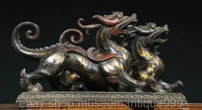 Par de esculturas de estatua de dragón pixiu bestia dragón dinastía dorada china antigua de 10,4" Foto 1 de 4