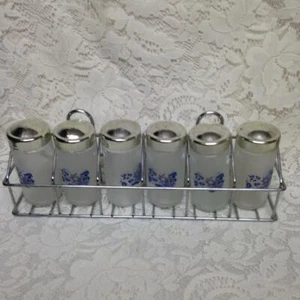 Vintage,  6pc Blue Willow Glass Spice Jars with Chrome Metal Rack - Picture 1 of 10