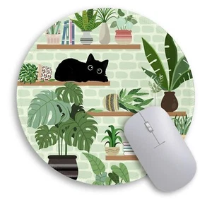 Cat Mouse Pad Cute Small Round Travel Plant Leave Wireless Mouse Office - Picture 1 of 6
