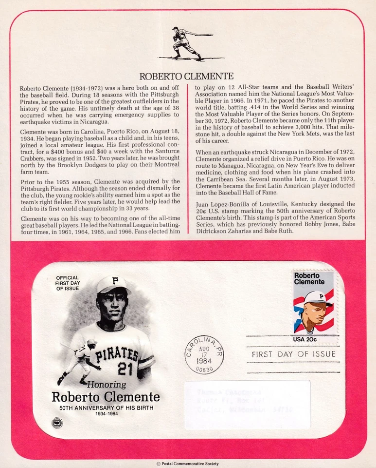 1984 Roberto Clemente, National League Baseball Sc 2097 FDC info page PCS - Image 1 of 1
