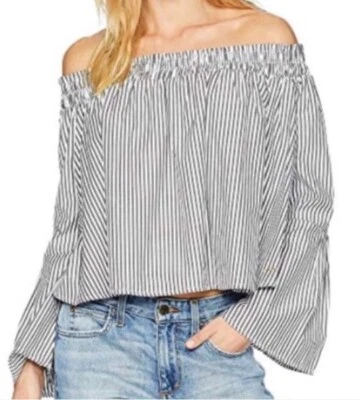 Top recortado a rayas gris blanco manga larga campana fuera del hombro Bebe para mujer M Foto 1 de 4