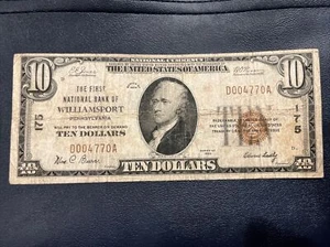 1929 $10 The First National Bank WILLIAMSPORT PA National Currency Charter#175 - Picture 1 of 9