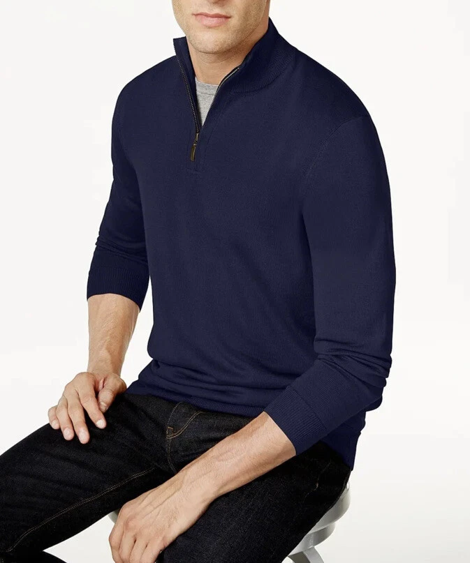 Club Room Mens 1/4-zip Merino Wool Blend Pullover Sweater Brown L