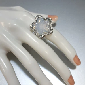 20.00ctw Opalite & Austrian Crystal Carved Flower Ring Stainless Steel Size 7 - Picture 1 of 9
