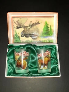 Brand New Canadian Moose Elk Shot Glasses W/ Tree Graphics Landscape Display Box - Picture 1 of 6