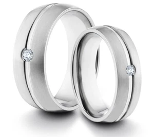 HIS & HERS 8MM/6MM Titanium Matte Silver Diamond Inlay Wedding Band TWO RING SET - Picture 1 of 3