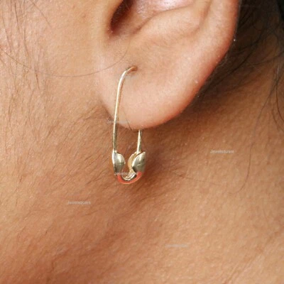 14k Solid Yellow Gold Safety Pin Design Plain Stud Earring Gift for Mother's Day - Image 1 of 4