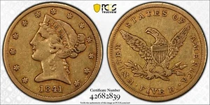 1841 $5 LIBERTY HEAD GOLD HALF EAGLE, PCGS XF40, SCARCE - Picture 1 of 11