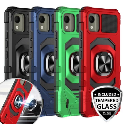 For Nokia C110 Phone Case Armor Ring Magnetic Support Stand Cover+Tempered Glass