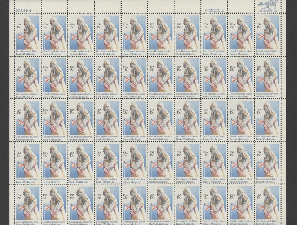 1980 US Scott #1826 15c Bernardo de Galvez, Sheet of 50 MNH - Image 1 of 1