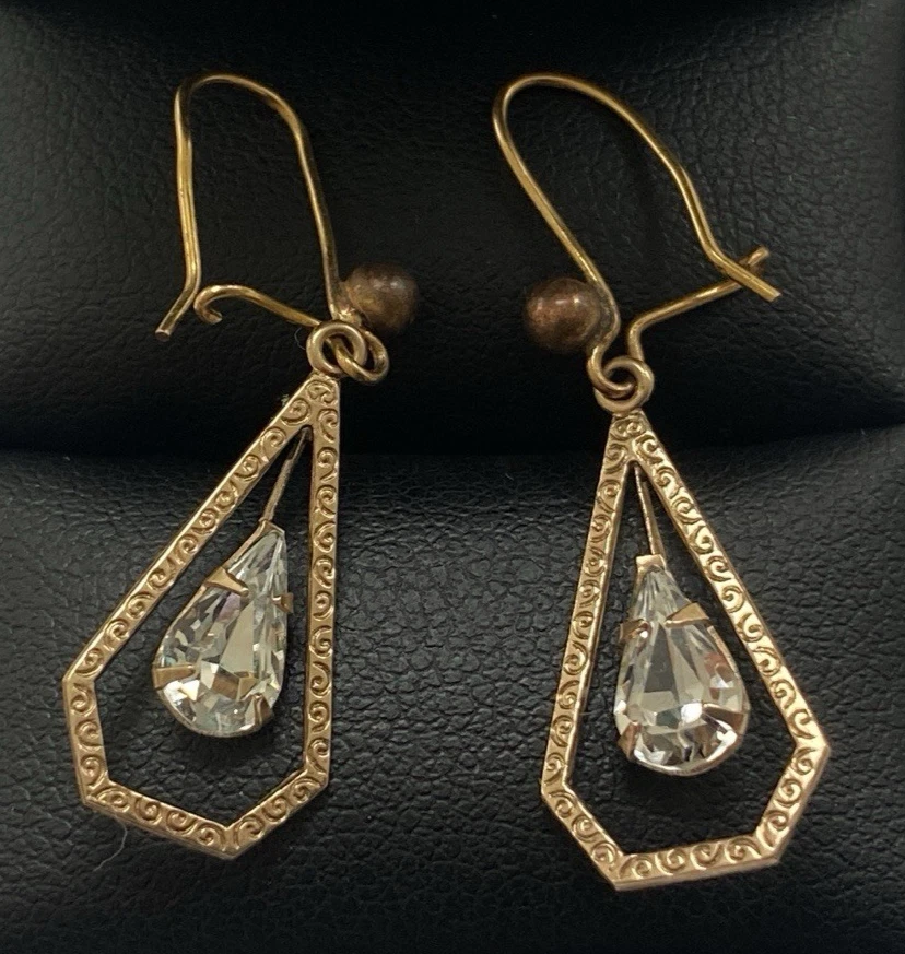VINTAGE 9ct Gold  Faceted Crystal Dangle HOOP Earrings - Image 1 of 1