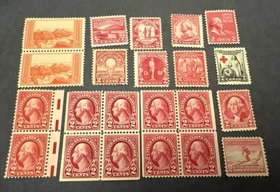 Lote de 22 estampillas antiguas de 2 centavos Scott # 612 615 707 629 de 1920’s-1930’ como nuevas Foto 1 de 4