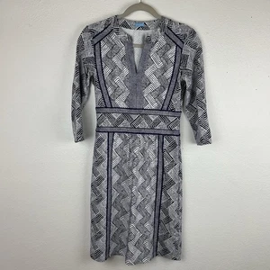 Abito J McLaughlin XS Catalina tessuto blu bianco scollo a V manica 3/4 preppy carriera - Foto 1 di 14