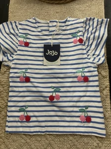 Jojo Maman Bebe Girls Blue Cherry Embroidered Frill T Shirt Age 2-3 Years New - Picture 1 of 6