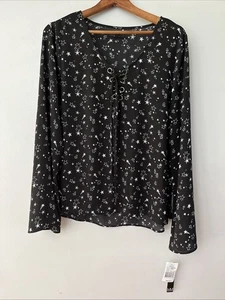 My Michelle Blumen Top Bluse Bindeärmel schwarz Gr. L Sternschnuppen Neu mit Etikett - Bild 1 von 5