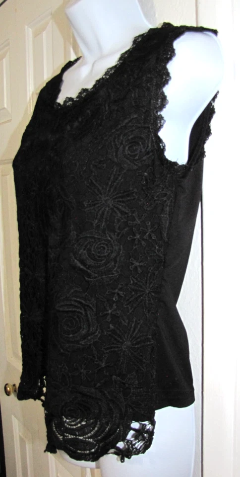 Top de encaje negro crochet boho negro forrado sin mangas dobladillo festoneado etiqueta: L se adapta a S/M Foto 1 de 4