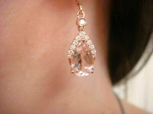 3Ct Pear Lab-Created Morganite Leverback Dangle Earrings 14K Rose Gold Finish - Picture 1 of 4