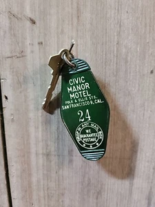 Vintage CIVIC MANOR MOTEL POLK & ELLIS STS. Llavero y llave SAN FRANCISCO 9, CAL - Imagen 1 de 5