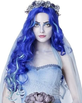 Adult Long Wavy Blue Hair Skeleton Bride Wig - Length 17 inches - Corpse Ghost - Image 1 of 4