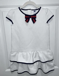 Janie And Jack White Navy Quilted Tiered Dress 5 Grosgrain Ribbon Nautical - Picture 1 of 12