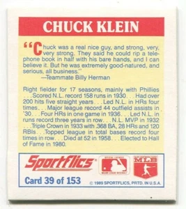 1989 Sportflics Trivia Insert #39 Chuck Klein Philadelphia Phillies - Picture 1 of 2