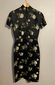 Vintage Womens Cheongsam Midi Dress Small Black Satin Floral Embroidered READ - Picture 1 of 8