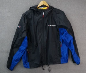 Vtg Tommy Hilfiger Jacket Mens XL Black Blue Windbreaker Spellout Hooded - Picture 1 of 9