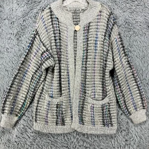 Vintage Cardigan Sweater Women's L? Gray Colorful Button 80's Grandmacore Retro - Picture 1 of 9