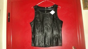 HALOGEN REAL LEATHER FRONT BLACK TOP BLOUSE SCOOP NECK SLEEVELESS*SIZE L PETITE - Picture 1 of 3