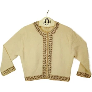 Vintage 50s Embellished Cashmere Cardigan Sweater Lady(38) Beaded-Border Lined - Picture 1 of 13