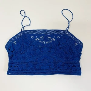 Free People Bralette Womens Medium Blue Embroidered Lace Floral Smocked NWOT NEW - Picture 1 of 8