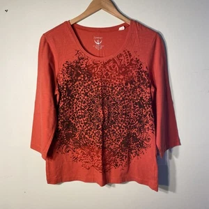 Chicos Zenergy Top Womens 2 Large 3/4 Sleeve Tee Casual Embellished Orange Boho - Picture 1 of 9
