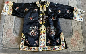 Vintage chinesische schwarz gelb Seide bestickt Pagode Top Kimono Jacke XL - Bild 1 von 7