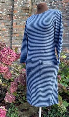 White Stuff Striped Rib Tunic Shift Dress 3/4 Sleeve Pockets Winter Sz 6 Blue  - Image 1 of 4