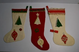 3 calze albero di Natale vintage in feltro fatte a mano kitschy MCM motivo ornamento albero - Foto 1 di 9