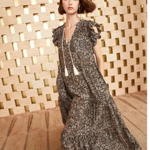 Maxi Vestido Ulla Johnson Arinella Cuarzo Ahumado Negro Estampado Floral Corbata Talla Pequeña - Imagen 1 de 16