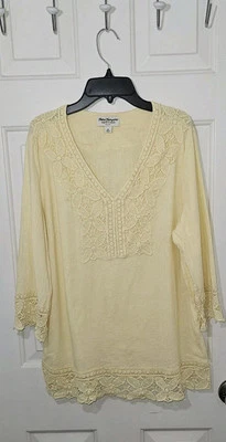 Norm Thompson 衬衫束腰上衣 M 码黄色亚麻混纺花卉钩针农民  — 第 1/4 张图片