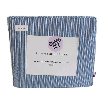 Juego de sábanas Tommy Hilfiger Queen 4 piezas, algodón percal, rayas Highland Tictac  Foto 1 de 2