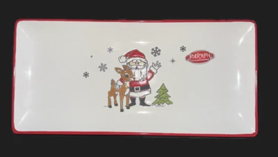 RUDOLPH REINDEER AND SANTA Ceramic Rectangular Platter by Zrike, NEW