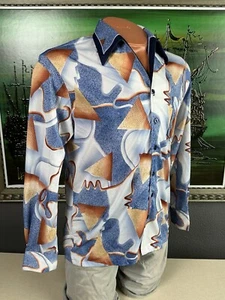 Vintage 1970s Disco Joel Mens Blue Geometric Polyester Long Sleeve Shirt Medium - Picture 1 of 10