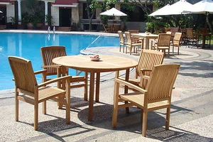 5-Piece Outdoor Teak Dining Set: 52" Round Table, 4 Stacking Arm Chairs Wave - Picture 1 of 9